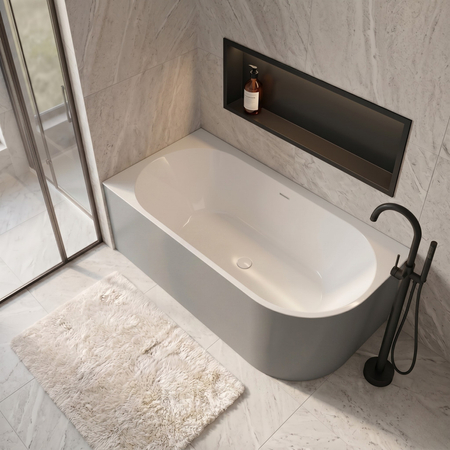Freestanding bathtub corner left Balneo AVOLA NO RIM 150 x 75 cm white grey acrylic with frame made of stainless steel and 6 stabilizing legs with overflow and white plug