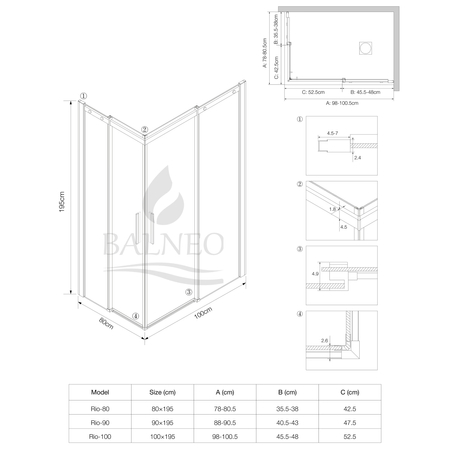 Shower enclosure sliding Balneo Rio 80 x 100 cm gold transparentna