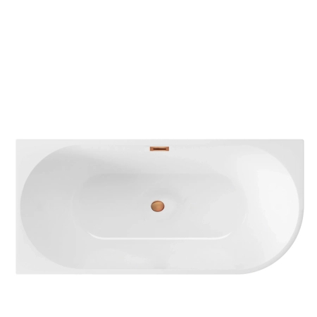 Left corner freestanding bathtub Balneo AVOLA 160 x 80 cm white acrylic with a stainless steel frame and 6 stabilizing legs, featuring a copper overflow and drain