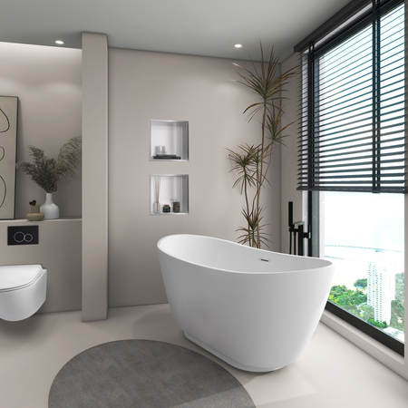 Balneo PARMA freestanding bathtub 170 x 72 cm, white acrylic with a stainless steel frame and 6 stabilizing legs, featuring an overflow and chrome drain
