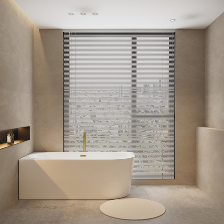 Freestanding left-hand corner bathtub “Balneo AVOLA” 150 × 75 cm, white acrylic, with stainless steel frame and six stabilizing feet, featuring a gold overflow and drain plug.