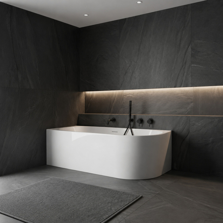 Freestanding bathtub corner left Balneo AVOLA NO RIM 150 x 75 cm white acrylic with frame made of stainless steel and 6 stabilizing legs with overflow and white plug