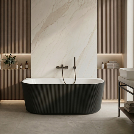 Freestanding bathtub wall-mounted Balneo VIVA fluted 170 x 80 cm white black acrylic with frame made of stainless steel and 6 stabilizing legs with overflow and white plug