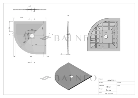 Brodzik kompozytowy Balneo Stone Tray 90 x 90 x 2,5 cm jasnoszary niski półokrągły