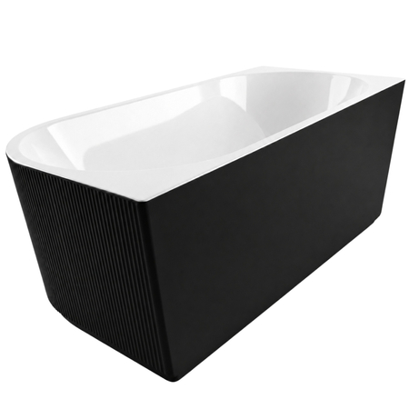 Freestanding bathtub corner left Balneo AVOLA fluted NO RIM 150 x 75 cm white black acrylic with frame made of stainless steel and 6 stabilizing legs with overflow and white plug