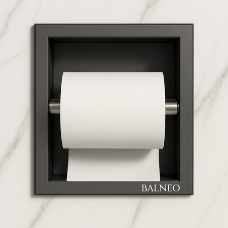 Balneo Wall Box Paper Holder 1 Gun Metal built into a stainless steel wall