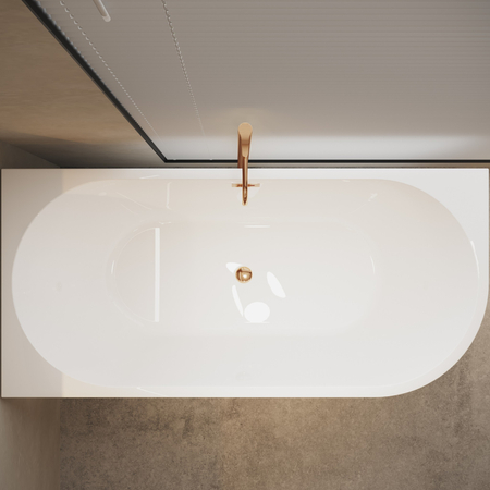 Left corner freestanding bathtub Balneo AVOLA 160 x 80 cm white acrylic with a stainless steel frame and 6 stabilizing legs, featuring a copper overflow and drain