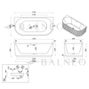 Freestanding bathtub wall-mounted Balneo VIVA fluted NO RIM 170 x 80 cm white acrylic with frame made of stainless steel and 6 stabilizing legs with overflow and white plug