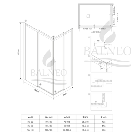 Kabina prysznicowa rozsuwana Balneo Rio 80 x 100 cm złota transparentna