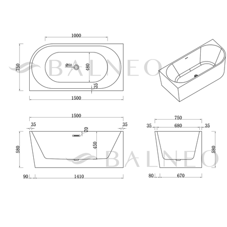 Freestanding bathtub corner left Balneo AVOLA NO RIM 150 x 75 cm white black acrylic with frame made of stainless steel and 6 stabilizing legs with overflow and white plug