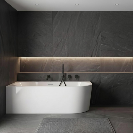 Freestanding bathtub corner left Balneo AVOLA NO RIM 160 x 80 cm white acrylic with frame made of stainless steel and 6 stabilizing legs with overflow and white plug