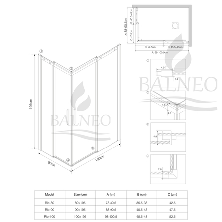 Shower enclosure sliding Balneo Rio 90 x 100 cm chrome transparentna