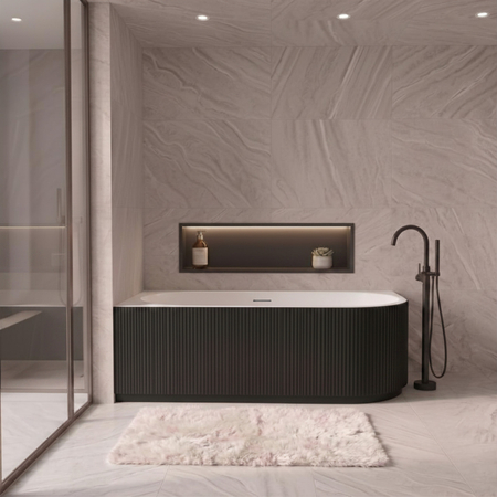 Freestanding bathtub corner left Balneo AVOLA fluted NO RIM 160 x 75 cm white black acrylic with frame made of stainless steel and 6 stabilizing legs with overflow and white plug