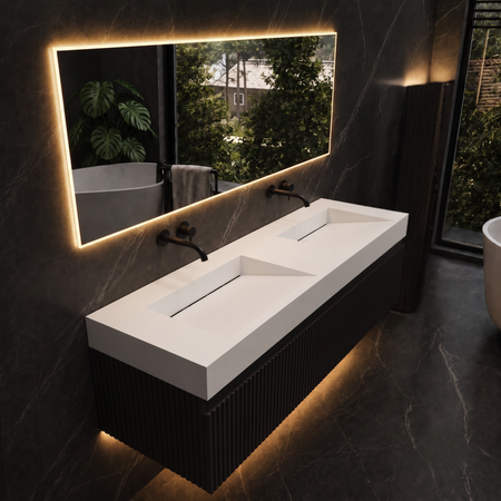 Seravia Solid Surface Washbasin, Coco White, with Double Linear Drain, 140 cm