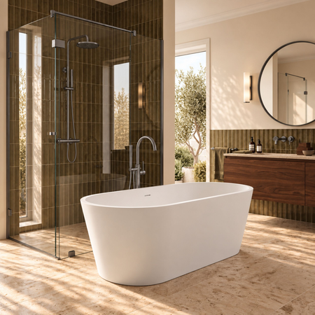 Freestanding bathtub VALIA Solid Surface Coco White with siphon and plug
