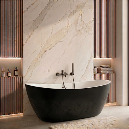 Freestanding bathtub Balneo PARMA NO RIM 170 x 72 cm white black acrylic with frame made of stainless steel and 6 stabilizing legs with overflow and white plug