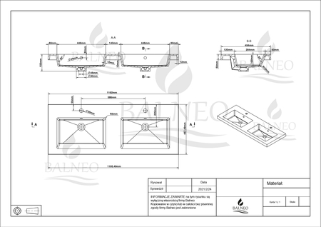 Umywalka nablatowa Balneo Mila 120 x 16 biała z konglomeratu