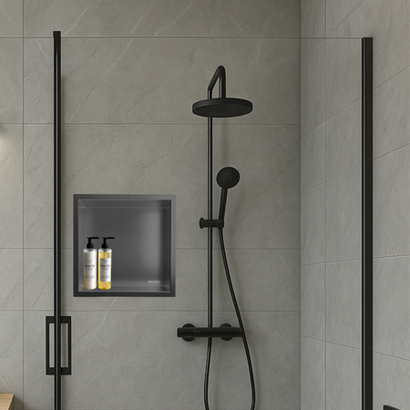 Balneo Wall Box One Gun Metal 30 x 30 x 7 cm brushed stainless steel recessed shelf with flange