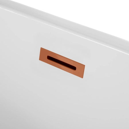 Right corner freestanding bathtub Balneo AVOLA 160 x 80 cm white acrylic with a stainless steel frame and 6 stabilizing legs, featuring a copper overflow and drain