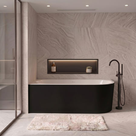 Wanna wolnostojąca narożna lewa Balneo AVOLA NO RIM 160 x 80 cm biało czarna akrylowa z ramą ze stali nierdzewnej i 6 nóżkami stabilizującymi z przelewem i białym korkiem