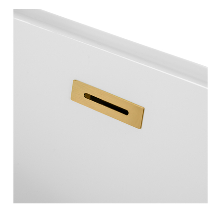 Freestanding left-hand corner bathtub “Balneo AVOLA” 150 × 75 cm, white acrylic, with stainless steel frame and six stabilizing feet, featuring a gold overflow and drain plug.