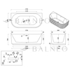 Freestanding bathtub wall-mounted Balneo VIVA fluted 170 x 80 cm white black acrylic with frame made of stainless steel and 6 stabilizing legs with overflow and white plug