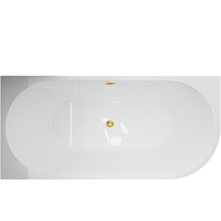 Balneo AVOLA 150 × 75 cm White Acrylic Left-Hand Freestanding Corner Bathtub with Stainless Steel Frame, 6 Stabilizing Feet, Overflow and Mirrored Gold Plug