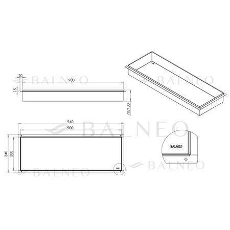 Balneo Wall Box No rim Gun Metal recessed shelf 90 x 30 x 10 cm in brushed stainless steel without flange