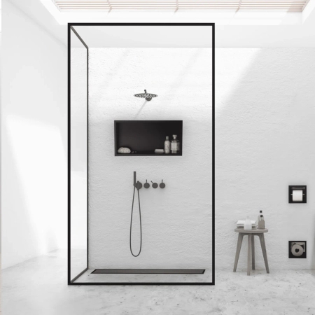 Odpływ liniowy podłogowy Balneo Duplex Next Black 90 cm czarny dwustronny ze stali nierdzewnej szczotkowanej z niskim syfonem i głębokim osadnikiem