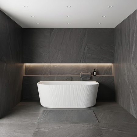 Freestanding bathtub wall-mounted Balneo VIVA fluted NO RIM 150 x 75 cm white acrylic with frame made of stainless steel and 6 stabilizing legs with overflow and white plug