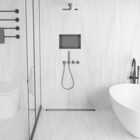 Balneo Duplex Next Gun Metal 70 cm double-sided brushed stainless steel floor drain with low siphon and deep trap