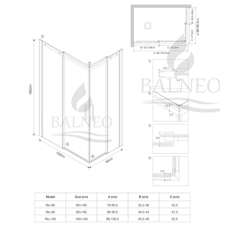 Shower enclosure sliding Balneo Rio 90 x 100 cm gold transparentna