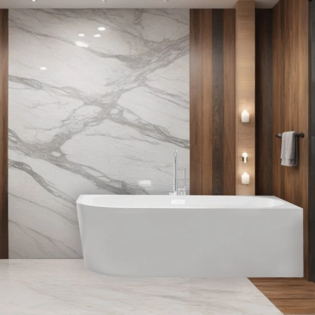 Balneo AVOLA Right-Hand Freestanding Corner Bathtub 150 × 75 cm, White Acrylic, with Stainless Steel Frame and 6 Stabilizing Feet, Overflow and Chrome Plug