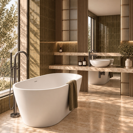Freestanding bathtub VALIA Solid Surface Coco White with siphon and plug