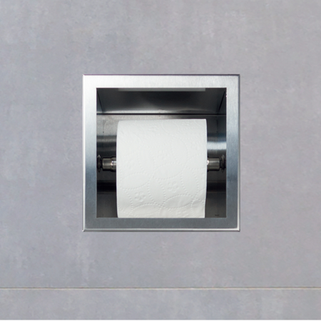 Balneo Wall Box Paper 2 recessed paper holder with built-in storage in brushed stainless steel.