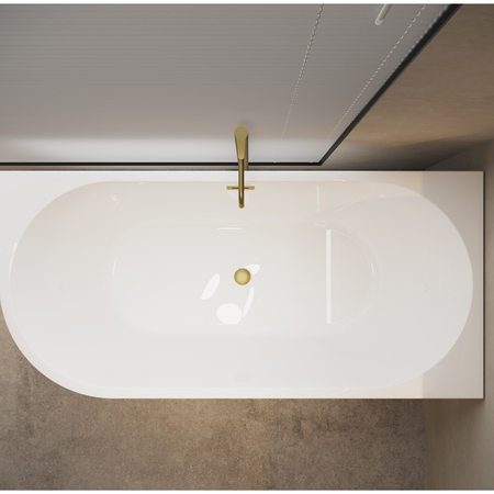 Right Corner Freestanding Bathtub Balneo AVOLA 160 x 80 cm White Acrylic with Stainless Steel Frame and 6 Stabilizing Feet, featuring Overflow and Golden Plug