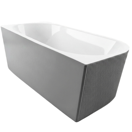 Wanna wolnostojąca narożna prawa Balneo AVOLA ryflowana NO RIM 170 x 80 cm biało szara akrylowa z ramą ze stali nierdzewnej i 6 nóżkami stabilizującymi z przelewem i białym korkiem