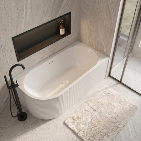 Freestanding bathtub corner right Balneo AVOLA fluted NO RIM 160 x 75 cm white acrylic with frame made of stainless steel and 6 stabilizing legs with overflow and white plug