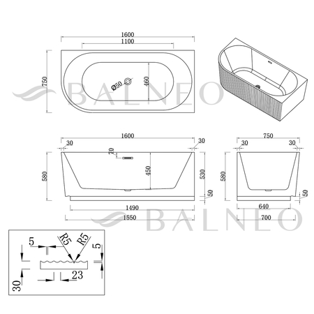 Wanna wolnostojąca narożna lewa Balneo AVOLA ryflowana NO RIM 160 x 75 cm biało szara akrylowa z ramą ze stali nierdzewnej i 6 nóżkami stabilizującymi z przelewem i białym korkiem
