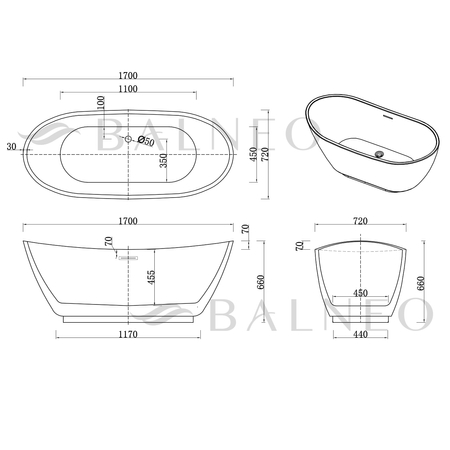 Wanna wolnostojąca Balneo PARMA NO RIM 170 x 72 cm biała akrylowa z ramą ze stali nierdzewnej i 6 nóżkami stabilizującymi z przelewem i białym korkiem