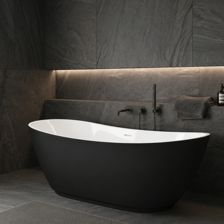 Wanna wolnostojąca Balneo PARMA NO RIM 170 x 72 cm biało czarna akrylowa z ramą ze stali nierdzewnej i 6 nóżkami stabilizującymi z przelewem i białym korkiem