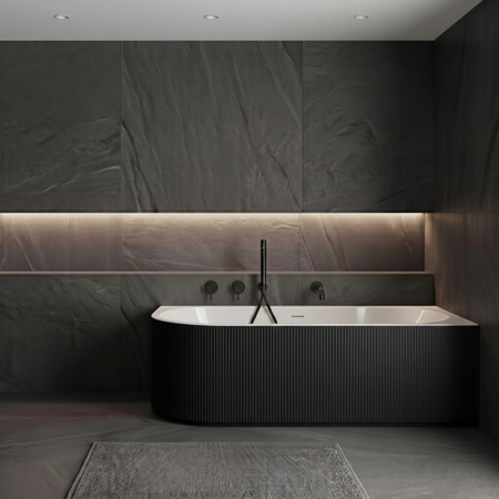 Freestanding bathtub corner right Balneo AVOLA fluted NO RIM 150 x 75 cm white black acrylic with frame made of stainless steel and 6 stabilizing legs with overflow and white plug