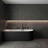 Freestanding bathtub corner left Balneo AVOLA fluted NO RIM 160 x 75 cm white black acrylic with frame made of stainless steel and 6 stabilizing legs with overflow and white plug