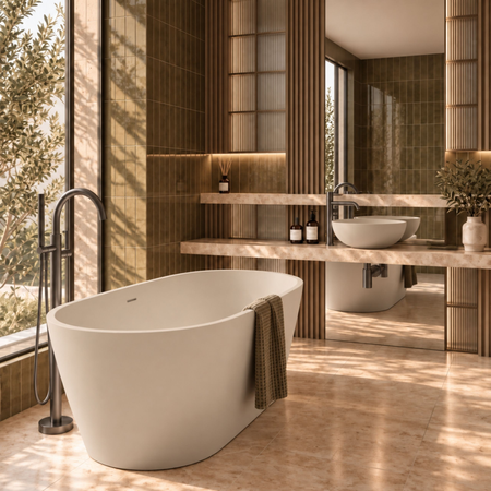 Wanna wolnostojąca VALIA Solid Surface Cashmere Dune z syfonem i korkiem