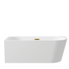 Freestanding left-hand corner bathtub “Balneo AVOLA” 150 × 75 cm, white acrylic, with stainless steel frame and six stabilizing feet, featuring a gold overflow and drain plug.