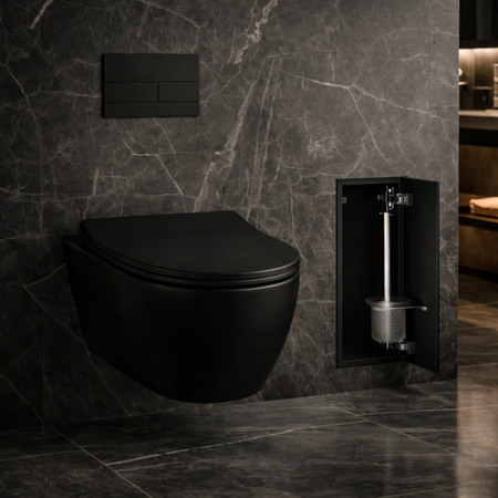 Schowek na szczotkę WC Balneo Wall Box Brush S Black Glass prawy do wbudowania w ścianę ze stali nierdzewnej
