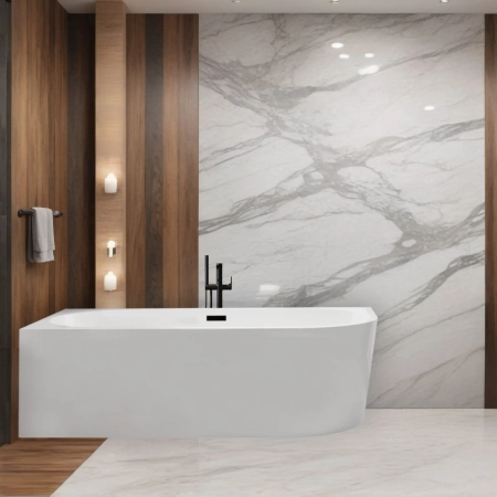 Left Corner Freestanding Bathtub Balneo AVOLA 160 x 80 cm White Acrylic with Stainless Steel Frame and 6 Stabilizing Legs with Black Overflow and Drain Plug