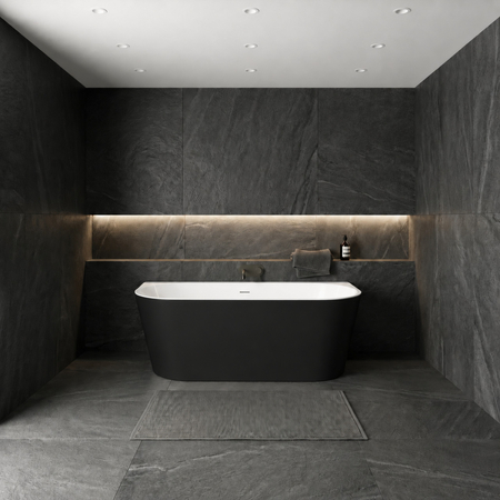 Freestanding bathtub wall-mounted Balneo VIVA NO RIM 150 x 75 cm white black acrylic with frame made of stainless steel and 6 stabilizing legs with overflow and white plug