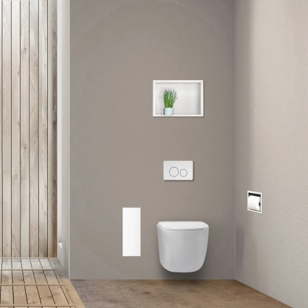 Balneo Wall Box Brush S White Glass Left-Hand In-Wall Toilet Brush Holder, Stainless Steel