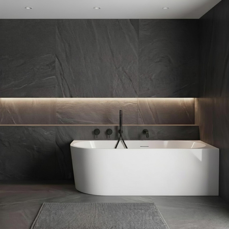 Freestanding bathtub corner right Balneo AVOLA NO RIM 170 x 80 cm white acrylic with frame made of stainless steel and 6 stabilizing legs with overflow and white plug